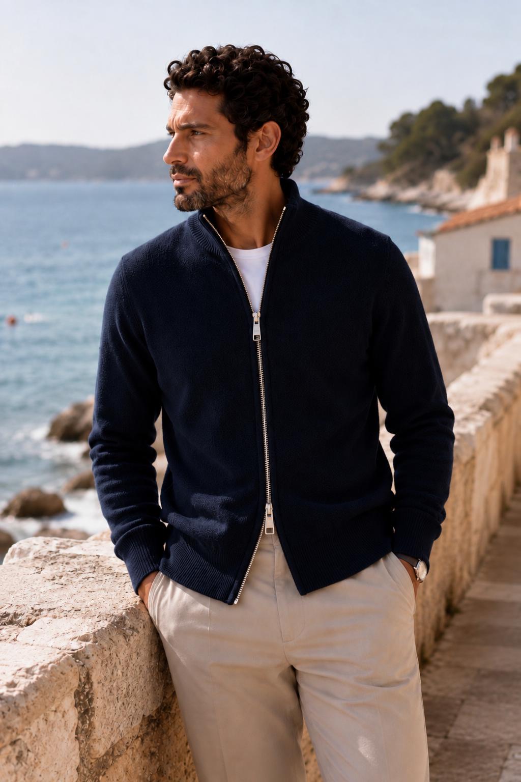 Gilet Zippé Cachemire — Bleu Marine porté